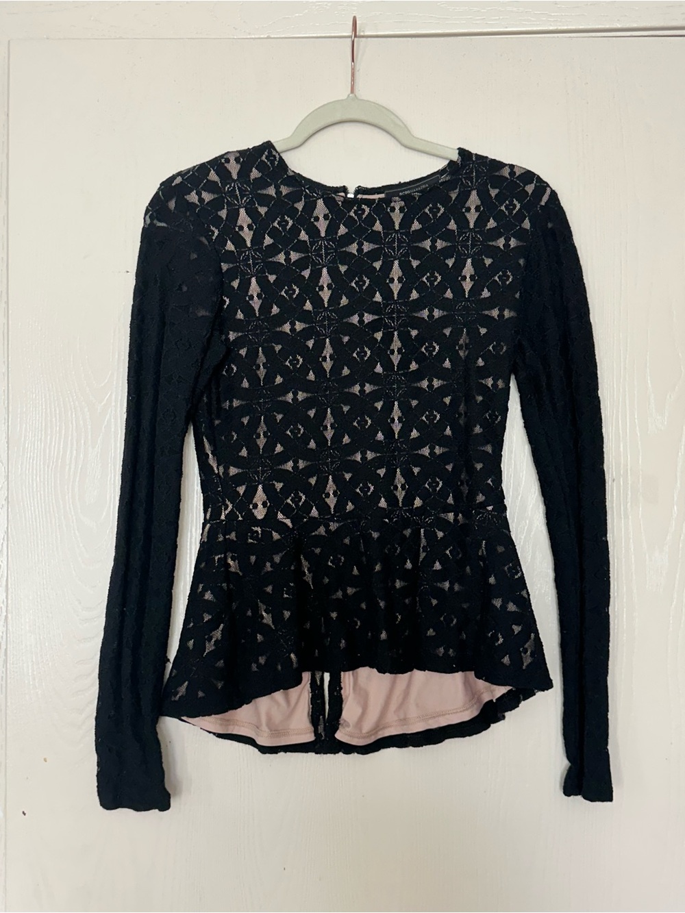BCBGMaxAzria Black Lace Peplum Blouse with Nude Lining